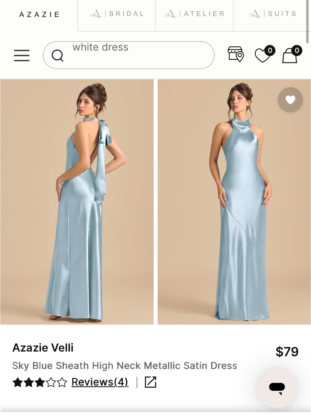 Azazie Sky Blue Metallic Satin Backless High-Neck Sheath Dress
